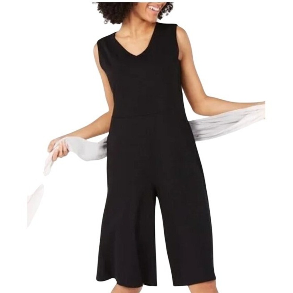 Eileen Fisher Black Sleeveless Cropped Wide Leg Jumpsuit Jersey Knit Small